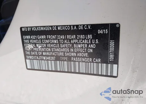 2015 Volkswagen Jetta 1.8T Sport z USA, uszkodzony, nr VIN 3VWD17AJ7FM346287